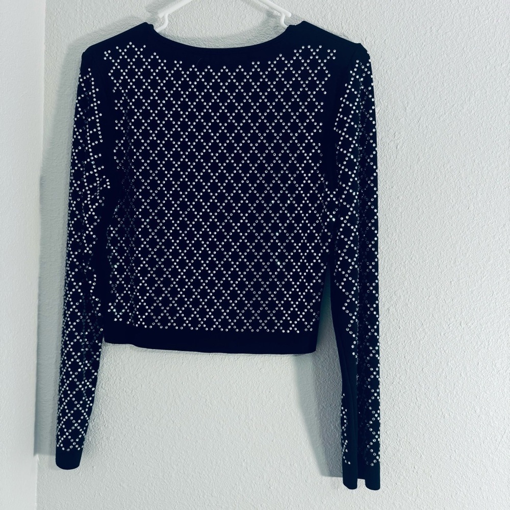 Black Stretch Long Sleeve Rhinestone Embellished Crop Top Size Large​​​ - Picture 3 of 5